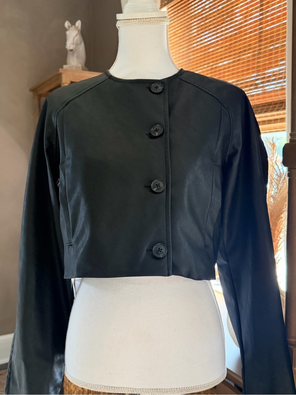 ZARA Black Faux Leather Cropped Jacket | Collarless Button Front | Size S
